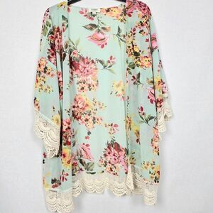 Umgee Floral Kimono Crochet Trim Mint Green S